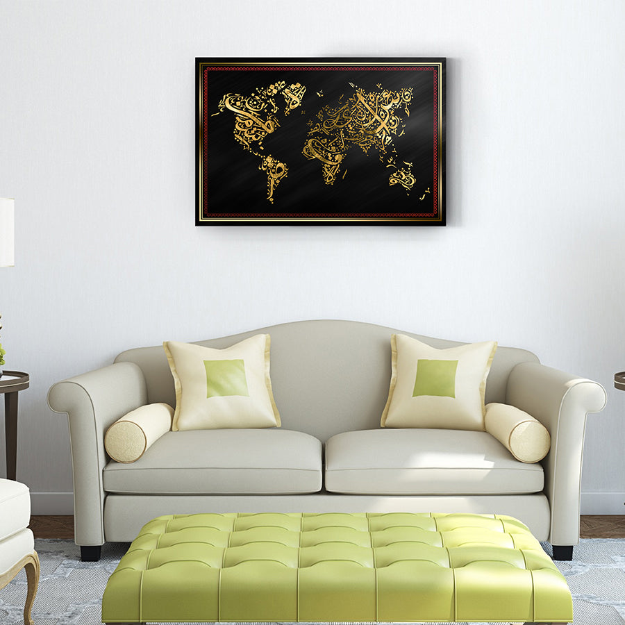 İslami Dünya 1 Haritası Cam Tablo, şık tasarım, dekoratif duvar sanatı, modern yaşam alanları için