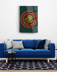 Stylish wall art featuring intricate Arabic calligraphy above a blue sofa in a modern living room.