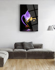 Modern Allah Yazısı cam tablo on a wall above a stylish sofa, showcasing vibrant colors and elegant design.