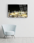 Stunning night view of the Kaaba in Mecca, beautifully displayed on high-quality glass art.