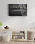 Fetih Suresi Cam Tablo with Arabic calligraphy, displayed in modern interior design.