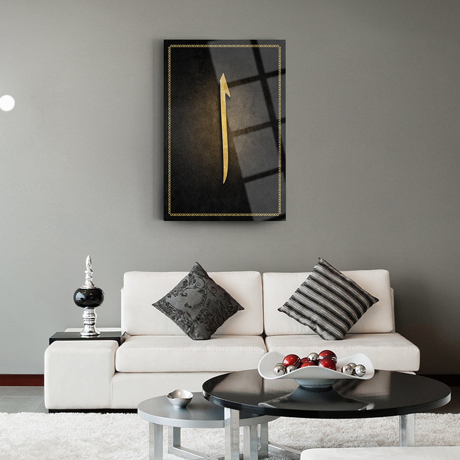 Elegant Elif 2 Cam Tablo with a golden arrow design, enhancing modern living room decor.