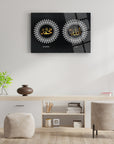 Elegant black glass wall art featuring 'Muhammed' and 'Allah' in gold script with ornate designs.
