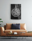 Ayetel Kürsi 6 Cam Tablo displayed on wall above a modern sofa in a stylish living room setting.