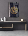 Ayetel Kürsi glass art piece displayed on a modern black console table in a stylish interior.