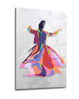 Colorful abstract artwork of a dancer in swirling dress, showcasing dynamic movement on a textured background.