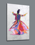 Colorful abstract dancing figure artwork on a textured wall, showcasing artistic expression and vibrant design.