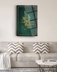 Elegant Fussilet Suresi cam tablo hanging above modern couch with chevron pillows in stylish living room.