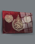Ayetel Kürsi Felak Nas cam tablo with intricate Arabic calligraphy on a rich red background.