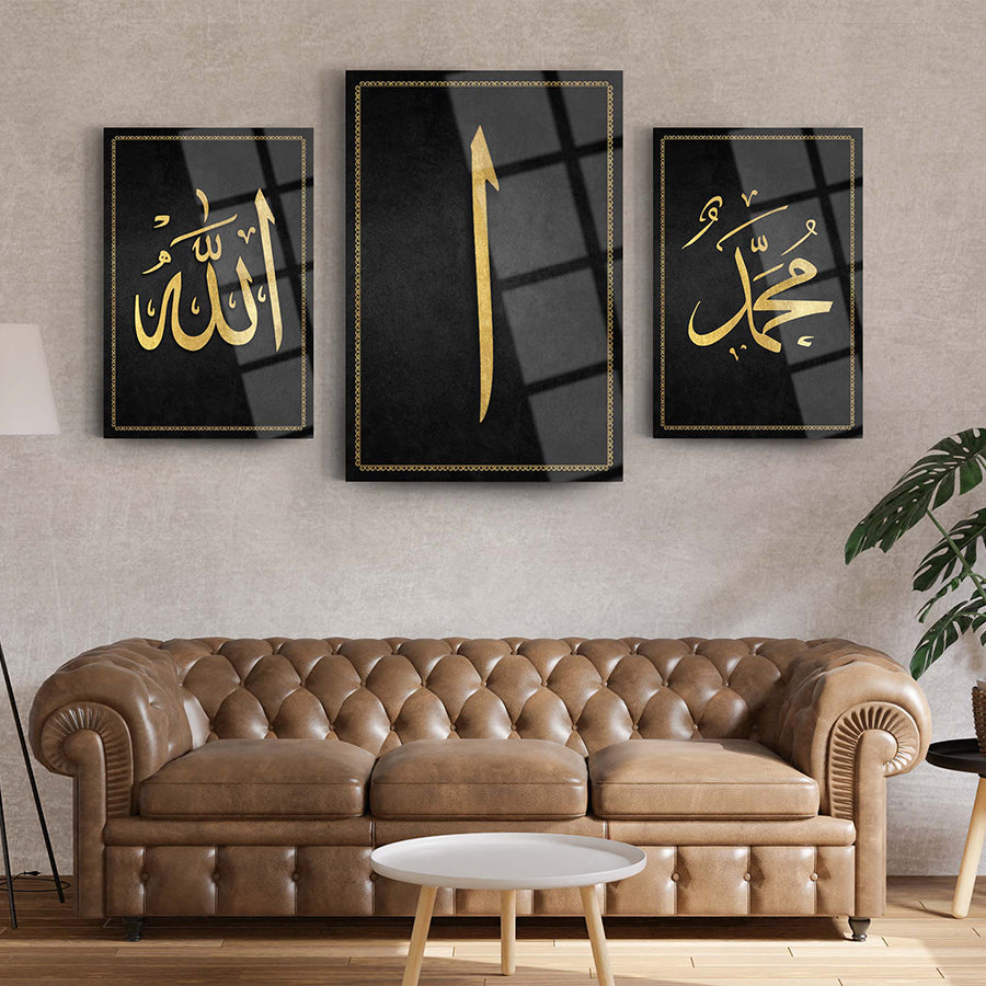 Elegant 3-piece glass wall art set featuring Arabic calligraphy of Allah, Muhammed, and Elif on a stylish living room wall.