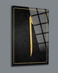 Stylish Allah Muhammed Elif glass wall art, featuring a gold design on black background, enhancing home decor.