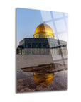 Mescid-i Aksa with golden dome reflecting in water, displayed on 4mm tempered glass art panel.
