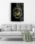 Muhammed S.A.V. 3D Cam Tablo with gold design, displayed above a stylish sofa in a modern living room.