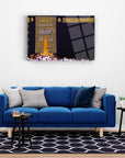Kabe Sevgisi Cam Tablo displayed above a blue sofa in a modern living room setting.