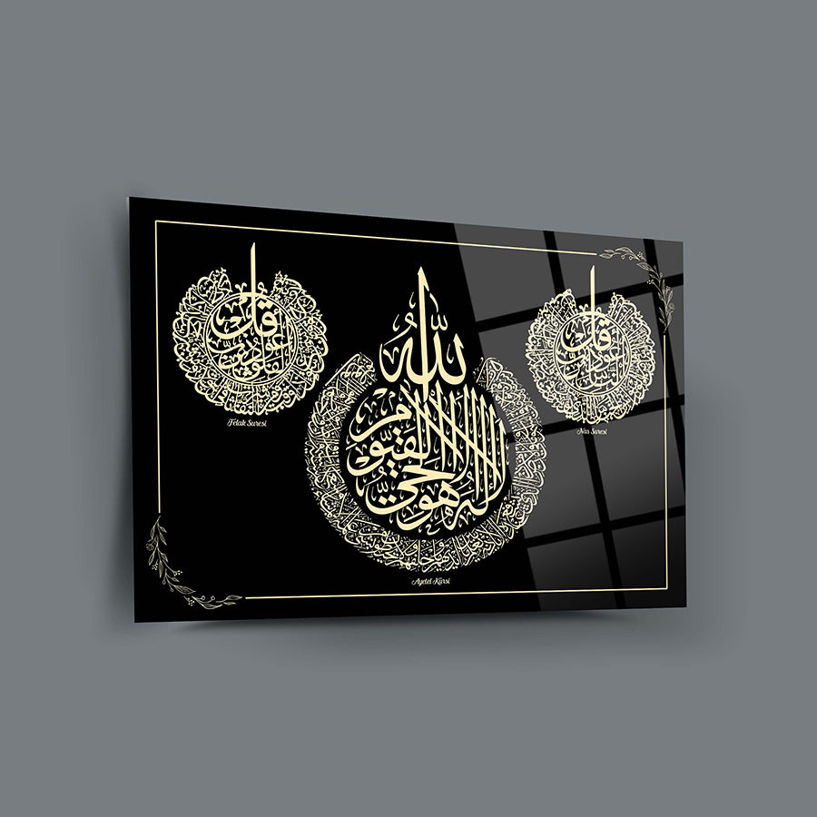 Ayetel Kürsi Felak Nas cam tablo, UV baskı ile tasarlanmış yüksek kaliteli dekoratif sanat.