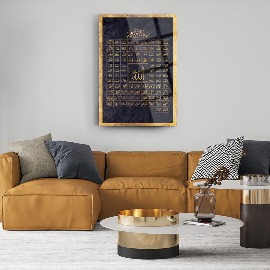 Esmaül Hüsna Cam Tablo, zarif tasarım, modern oturma odası dekoru, şık ev estetiği.
