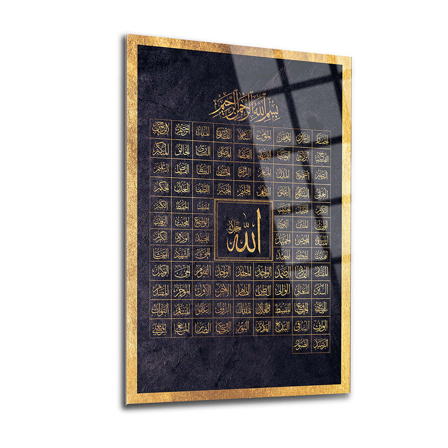 Esmaül Hüsna İsmi Azam 2 Cam Tablo with gold accents and black background, featuring elegant UV print.