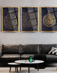 Elegant 3-piece glass wall art set featuring Islamic calligraphy and Ayetel Kürsi in a modern living room decor.