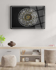 Modern İnşirah Suresi 2 Cam Tablo with intricate calligraphy on a black background, displayed in a stylish living room.
