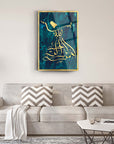 Elegant Fatiha Suresi 5 Cam Tablo in gold and blue, enhancing modern living room decor.