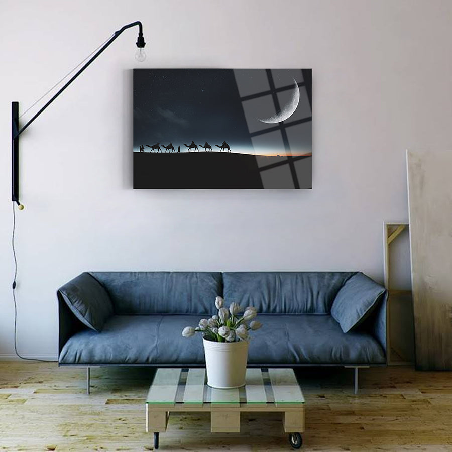 Stylish living room featuring Hicret Cam Tablo artwork with camels and moon on the wall, modern decor and natural lighting.