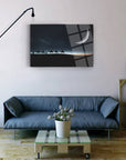 Stylish living room featuring Hicret Cam Tablo artwork with camels and moon on the wall, modern decor and natural lighting.