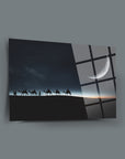 Hicret Cam Tablo featuring a silhouette of camels against a night sky with a crescent moon.