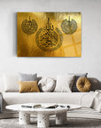 Ayetel Kürsi Felak Nas 3 Cam Tablo displayed in a modern living room with gold accents and stylish decor.