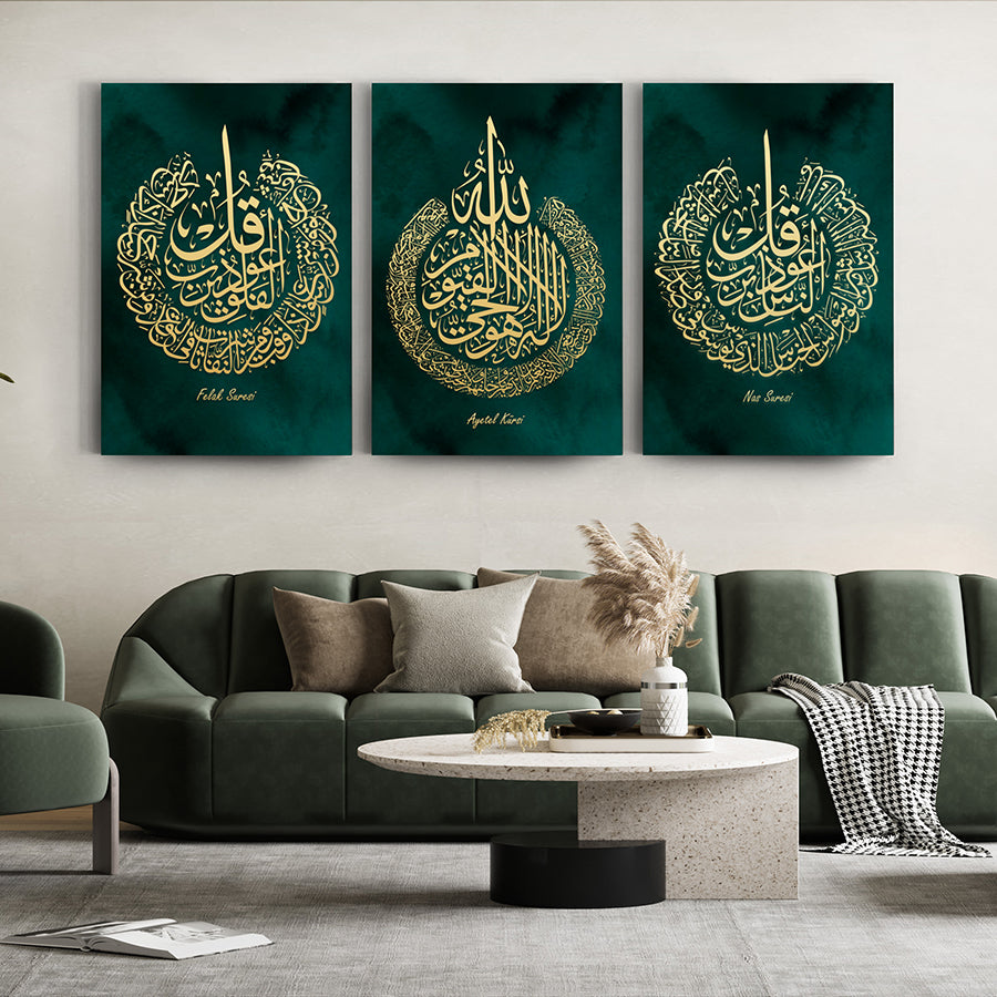 Ayat al-Kursi, Surah Al-Falaq, and Surah Al-Nas in a 3-piece glass wall art set on a stylish living room wall.