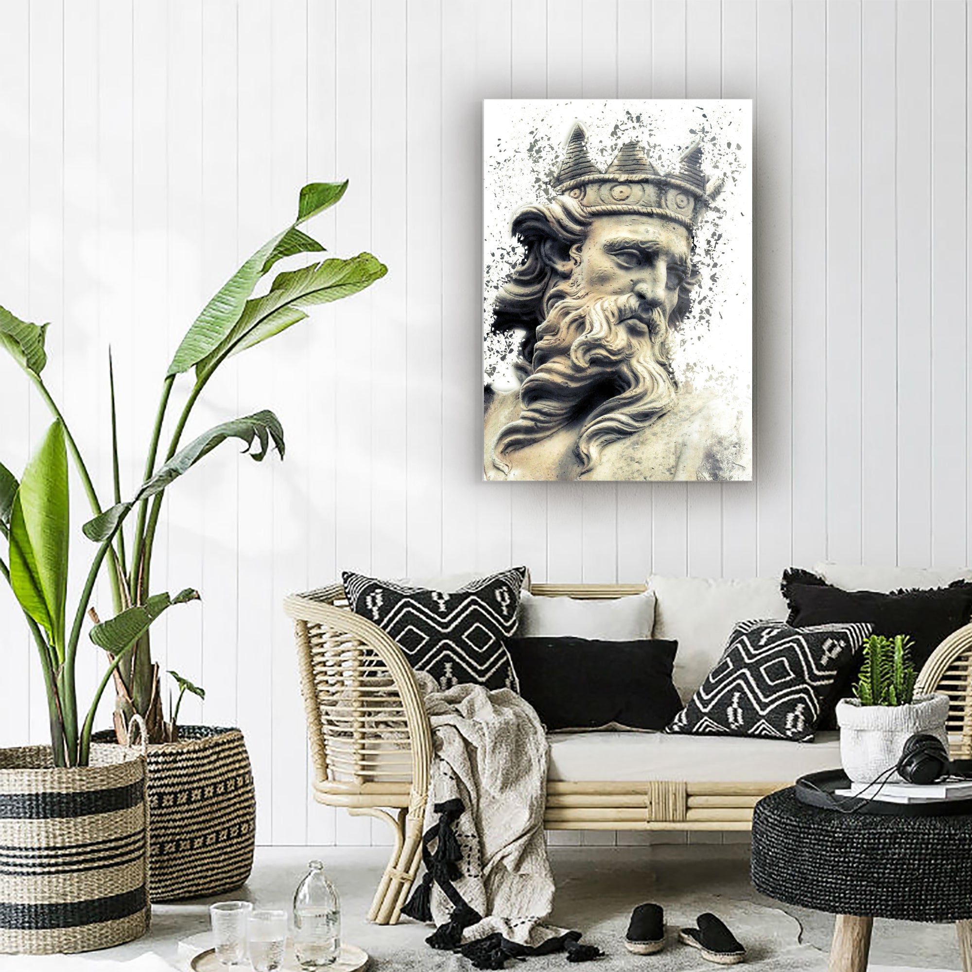Zeus Cam Tablo artwork featuring a regal figure in a stylish living room setting with plants and decorative pillows.
