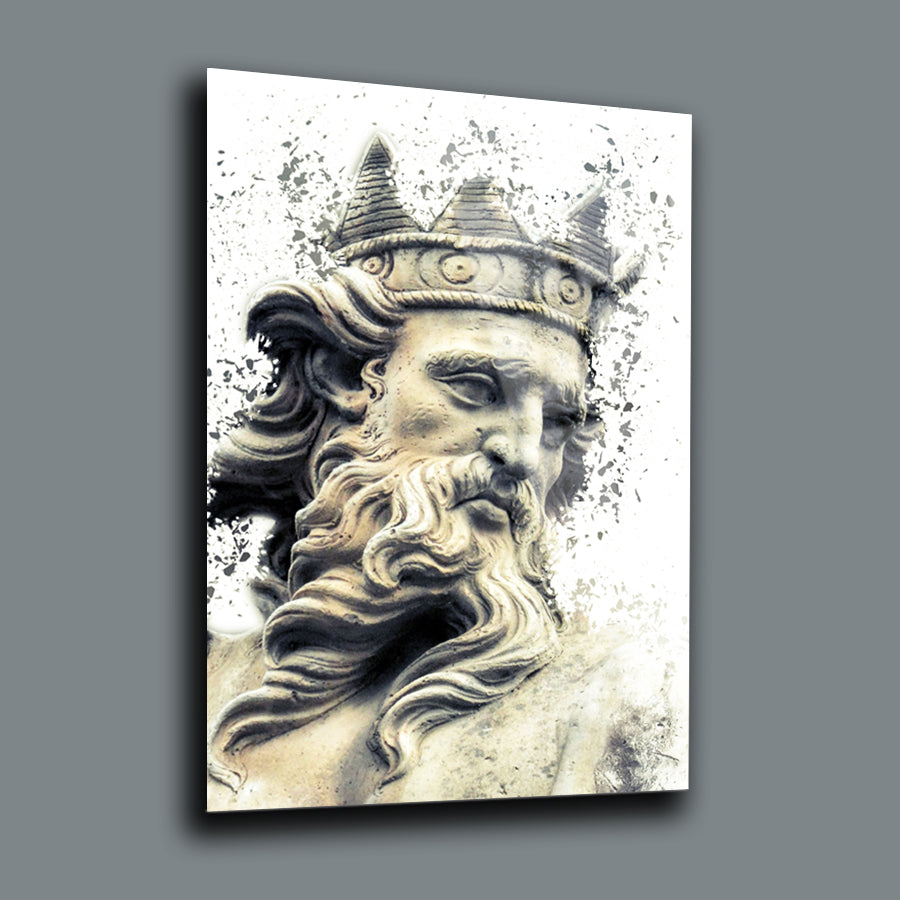 Artistic depiction of a regal figure with a crown and flowing beard, showcasing classical sculpture style.