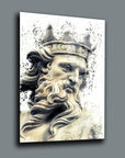 Artistic depiction of a regal figure with a crown and flowing beard, showcasing classical sculpture style.