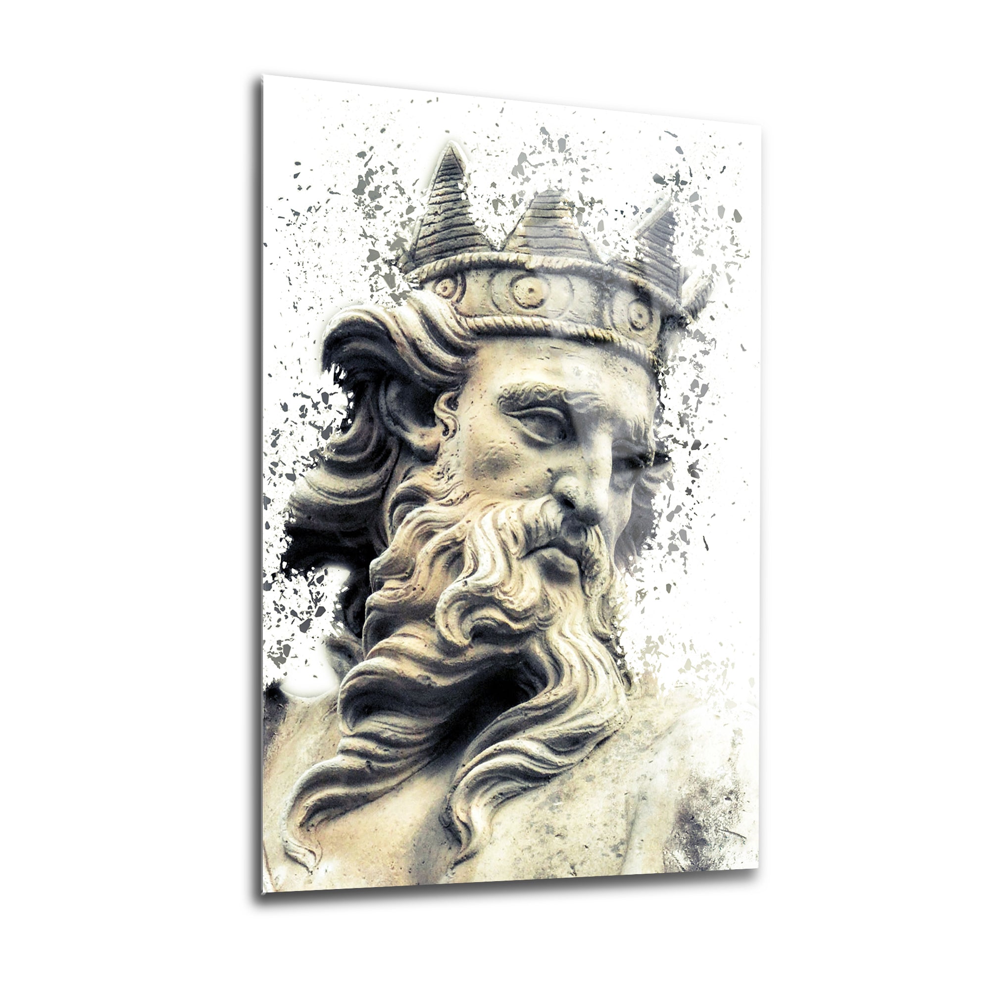 Artistic wall decor featuring a detailed sculpture of a king with a crown, showcasing intricate facial features.