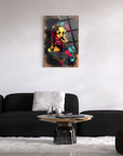 Colorful artwork of Poseidon on a wall above a stylish black sofa and coffee table in a modern living room.