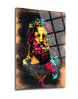Colorful artistic depiction of a classical bust with abstract paint splashes on a sleek surface.