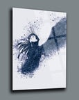 Modern art print of a woman with wings, featuring blue tones and digital text elements on glass.