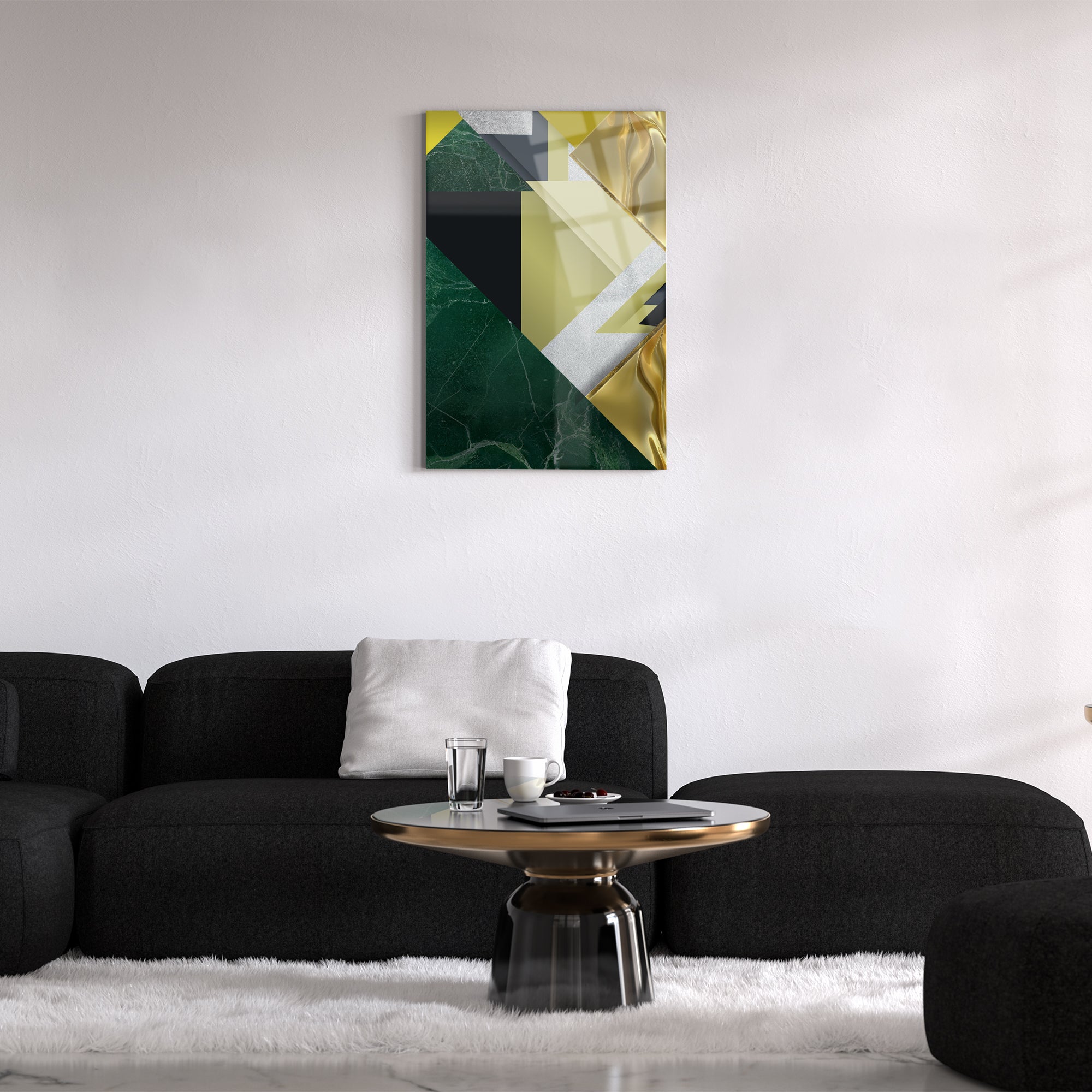 Zümrüt Mermer Cam Tablo, modern ve şık dekorasyon için ideal, UV baskı ile tasarlanmış yüksek kaliteli cam tablo.