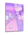 Pembe Sokak Cam Tablo, modern tasarım, 4 mm temper cam, UV baskı, kedili sokak manzarası, yüksek kaliteli sanat eseri.