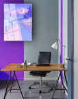 Modern office featuring a pink street glass artwork by SRD Concept, stylish desk, and chair in a contemporary setting.