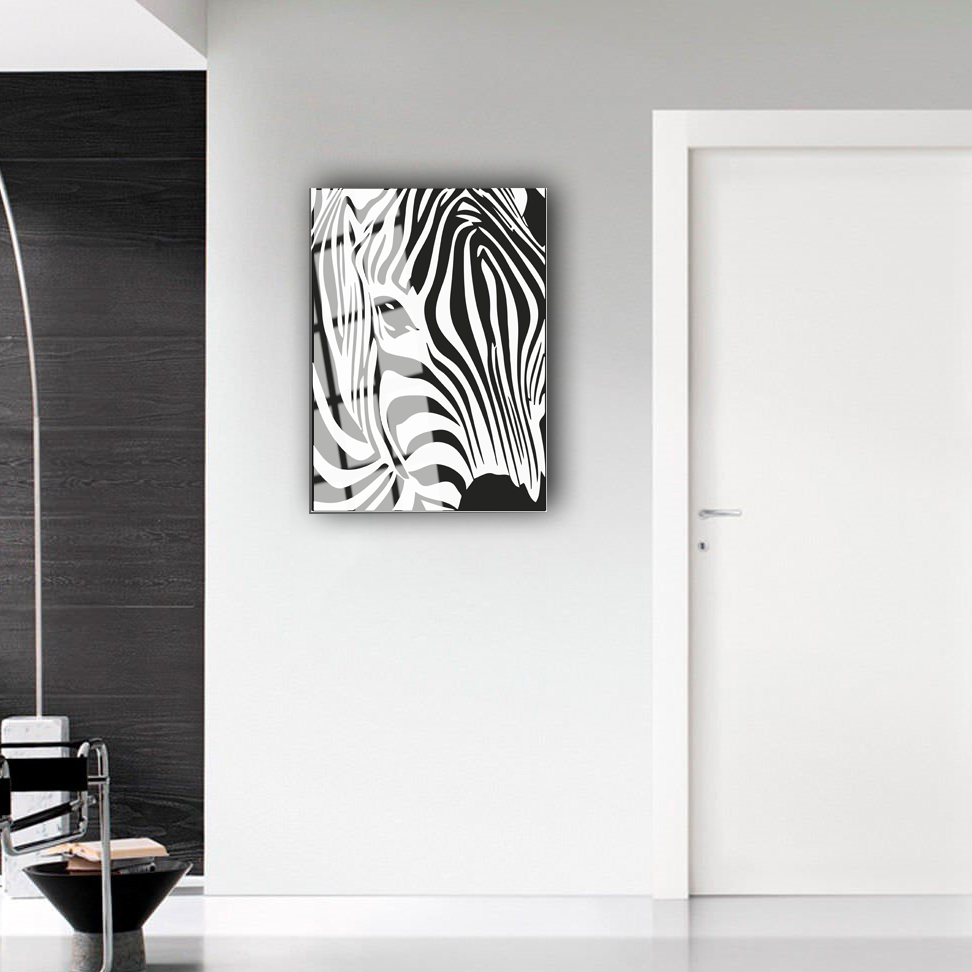 Zebra gözleri cam tablo, modern dekor, şık tasarım, yüksek kaliteli UV baskı, iç mekan dekorasyonu