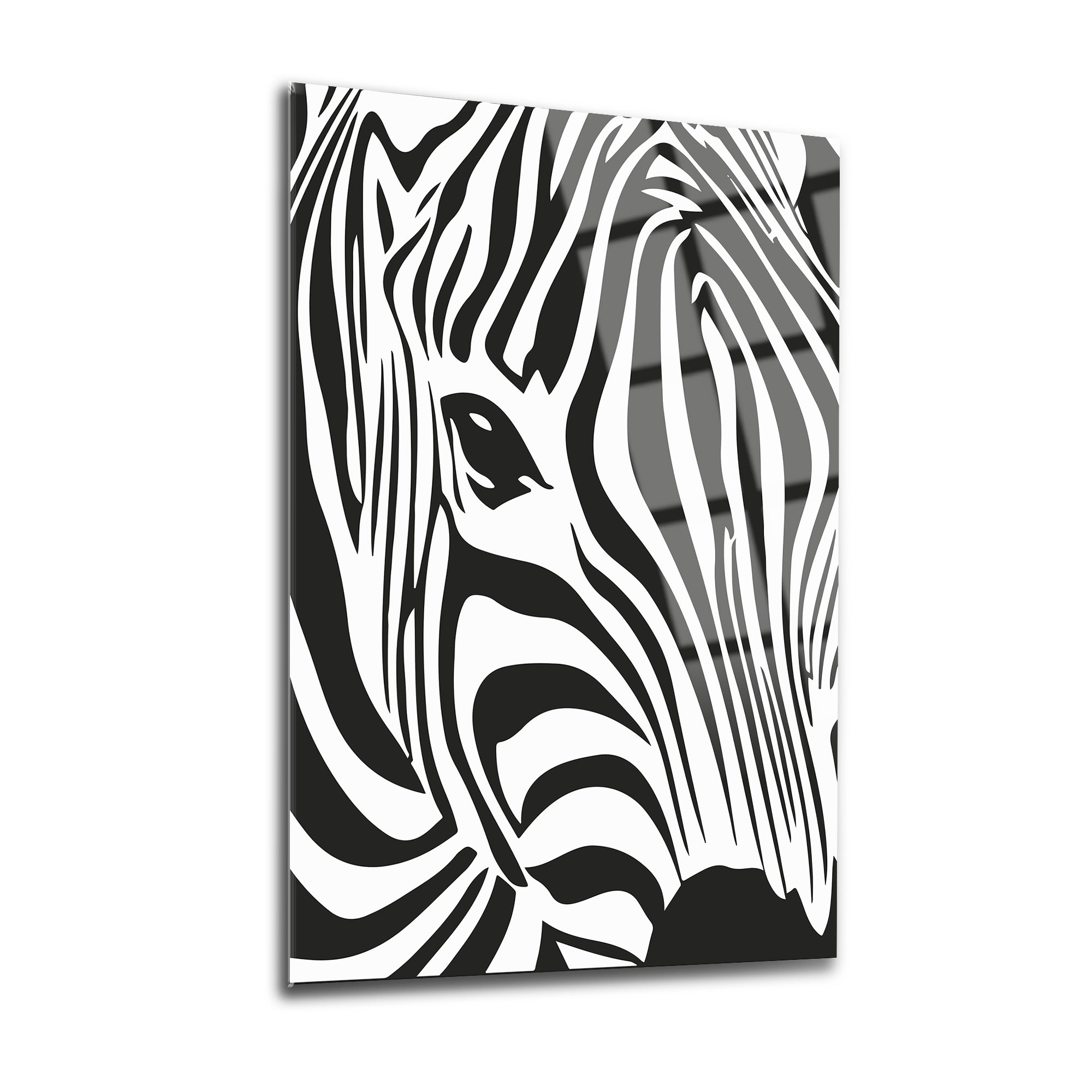 Zebra gözleri cam tablo, yüksek kaliteli temperlenmiş cam, UV baskı ile özel tasarım, modern iç mekan dekoru.
