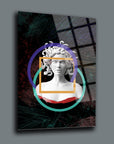 Medusa-themed art on glass, featuring a modern statue of Medusa with colorful geometric designs.