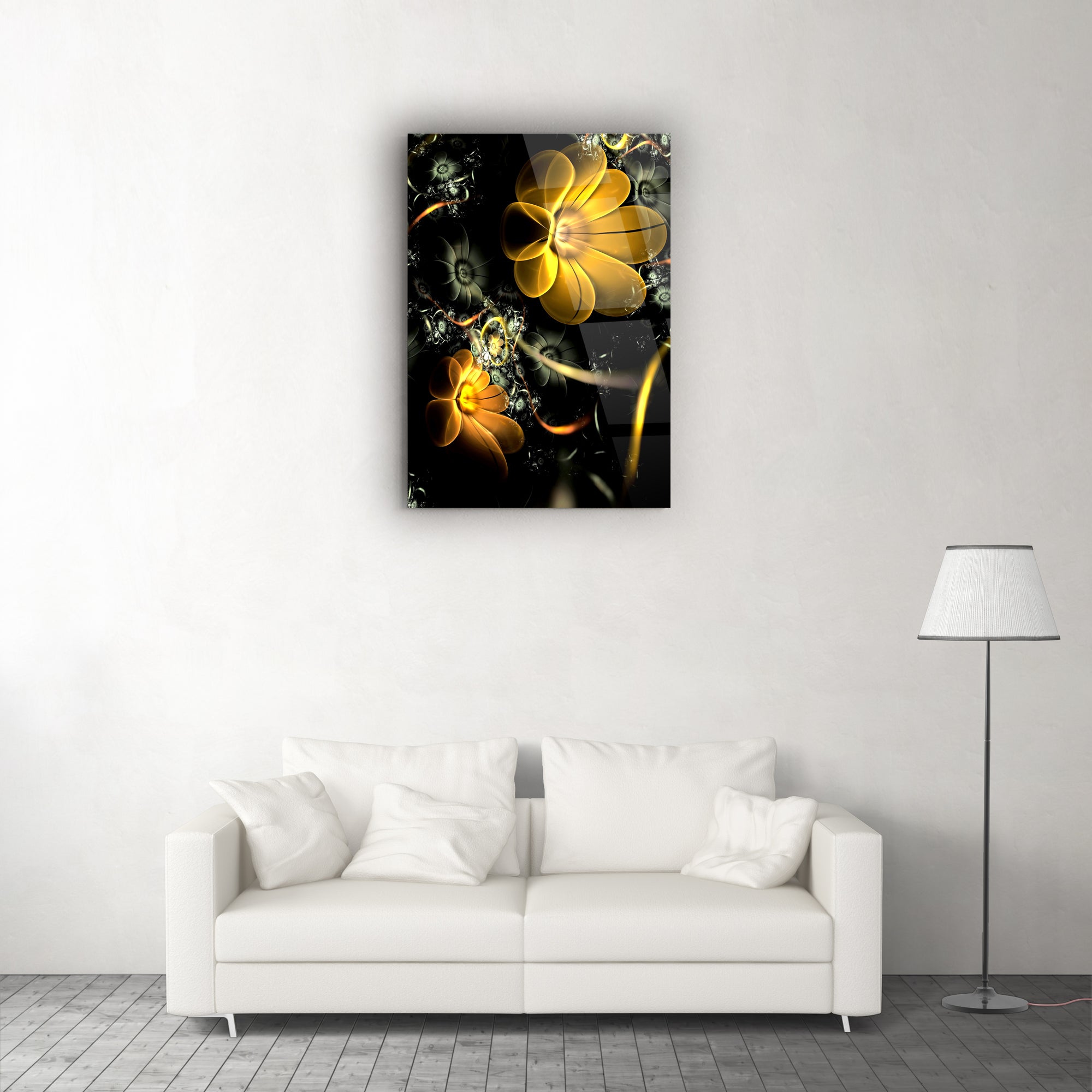 Sarı çiçek cam tablo, modern oturma odası dekorasyonu, şık ve dayanıklı tasarım.