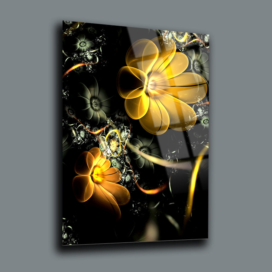 Sarı çiçek desenli cam tablo, yüksek kaliteli ve dayanıklı UV baskı ile özel tasarlanmıştır.