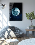 Mavi Dünya Cam Tablo as centerpiece in modern living room with bean bag and indoor plant.