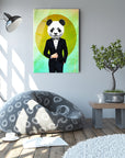 Stylish living room featuring a panda in a suit art piece, contemporary decor, and cozy seating.
