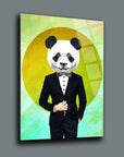 Panda Bey Cam Tablo with panda head portrait in formal attire, colorful background, modern art decor.