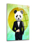 Stylized artwork of a panda dressed in a tuxedo against a colorful background.