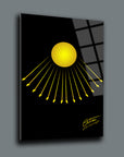 Aten Cam Tablo featuring a bright yellow sun design with rays on a sleek black background.