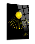 Aten Cam Tablo featuring a modern design with a yellow circular element and lines on a black background.